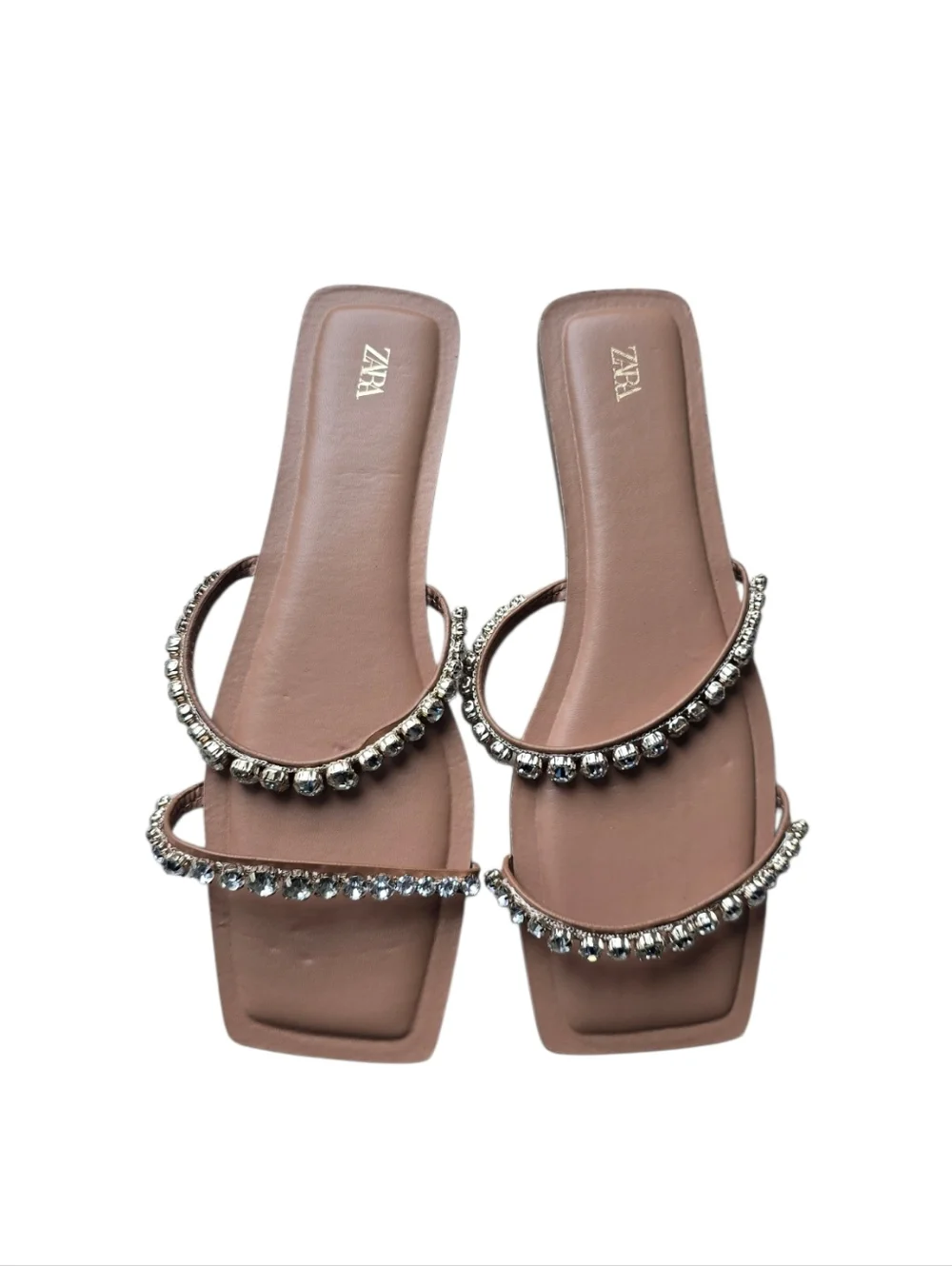 NEW Zara Tan Flat Slide Sandals With Rhinestones - Picture 4 of 8